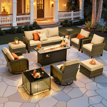 10pcs Outdoor Patio Furniture Sets With 54" Fire Pit Table And Solar Led Light Coffe Table, All-Weather PE Rattan Sectional Sofa Conversation Set With Swivel Rocking Chairs, Outside Modular Couch With Thick Cushions For Backyard, Deck, 7 Seats