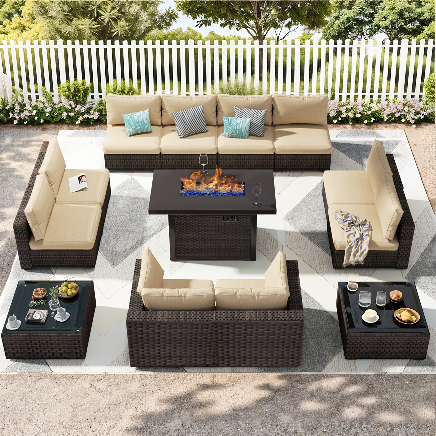 Outdoor Patio Furniture Set with Fire Pit Table, 13pcs Outdoor Furniture Set Patio Sectional Sofa W/42in Propane Fire Pit, PE Wicker Rattan Patio Conversation Sets