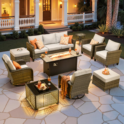 10pcs Outdoor Patio Furniture Sets With 54" Fire Pit Table And Solar Led Light Coffe Table, All-Weather PE Rattan Sectional Sofa Conversation Set With Swivel Rocking Chairs, Outside Modular Couch With Thick Cushions For Backyard, Deck, 7 Seats