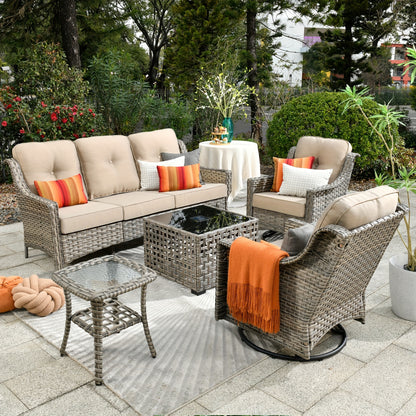 5pcs Outdoor Patio Furniture Set with 2 Swivel Chairs, 1 Outside Sofa, 1 Side Table and 1 Solar Lighting Glass Coffee Table - All-Weather Wicker Patio Conversation Set Modern Design for Garden, Deck, and Porch Decor