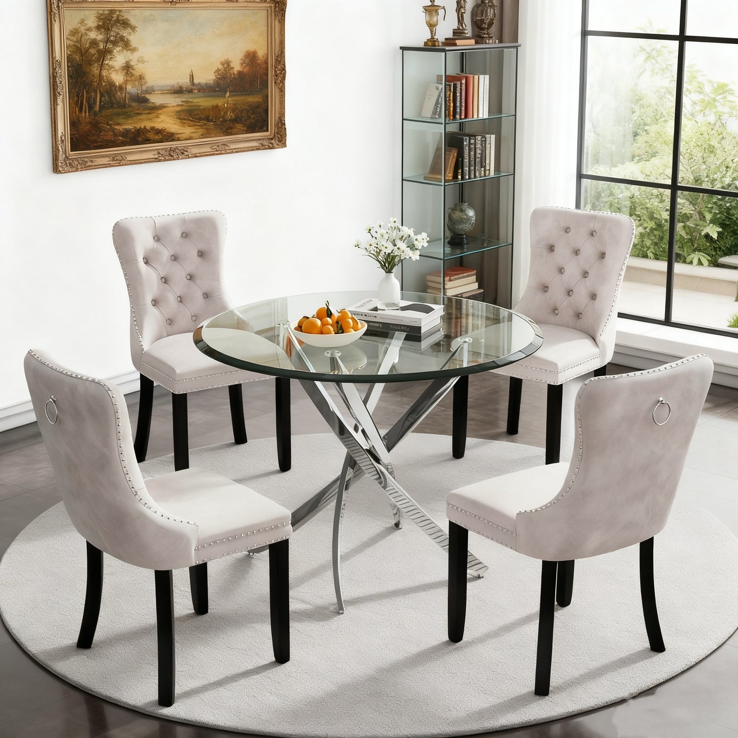 5pcs Modern Dining Table and Chair Set with Tempered Glass Table & Velvet Chairs - -Frame Base, Cushioned Seats Suitable for Kitchen, Dining Room, Small Spaces - Assembly, Contemporary Furniture (Table & 4 Chairs)