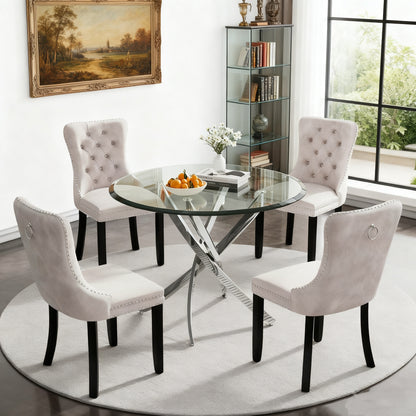 5pcs Modern Dining Table and Chair Set with Tempered Glass Table & Velvet Chairs - -Frame Base, Cushioned Seats Suitable for Kitchen, Dining Room, Small Spaces - Assembly, Contemporary Furniture (Table & 4 Chairs)