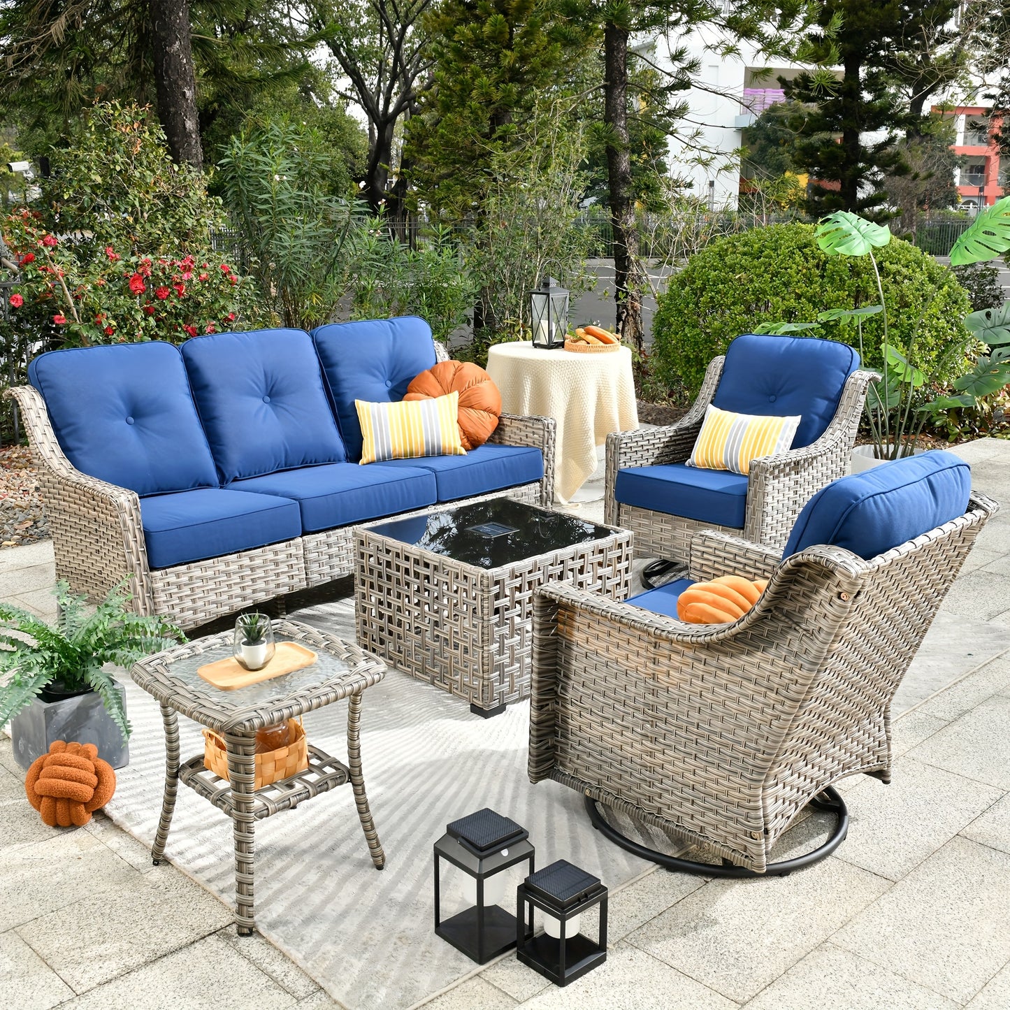 5pcs Outdoor Patio Furniture Set with 2 Swivel Chairs, 1 Outside Sofa, 1 Side Table and 1 Solar Lighting Glass Coffee Table - All-Weather Wicker Patio Conversation Set Modern Design for Garden, Deck, and Porch Decor