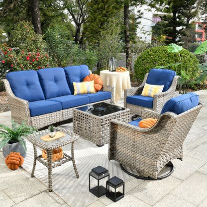 5pcs Outdoor Patio Furniture Set with 2 Swivel Chairs, 1 Outside Sofa, 1 Side Table and 1 Solar Lighting Glass Coffee Table - All-Weather Wicker Patio Conversation Set Modern Design for Garden, Deck, and Porch Decor