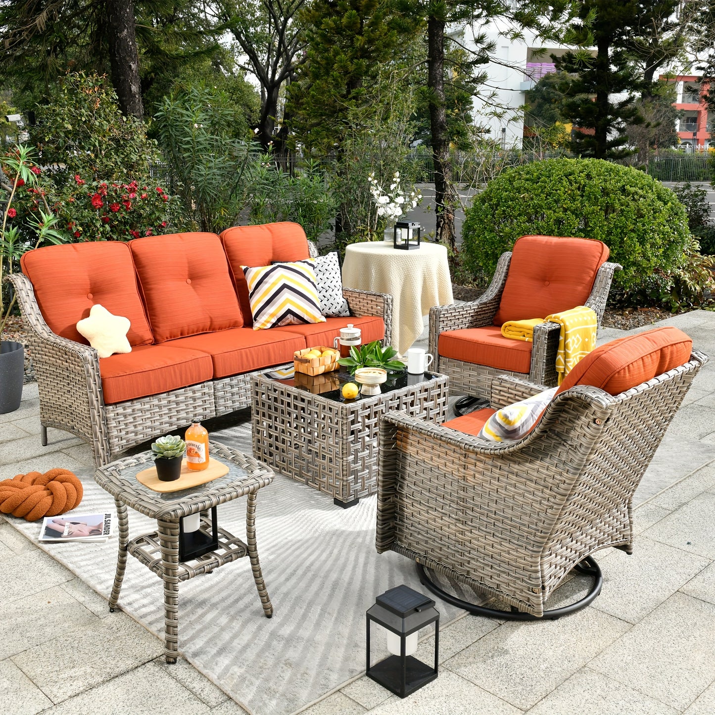 5pcs Outdoor Patio Furniture Set with 2 Swivel Chairs, 1 Outside Sofa, 1 Side Table and 1 Solar Lighting Glass Coffee Table - All-Weather Wicker Patio Conversation Set Modern Design for Garden, Deck, and Porch Decor