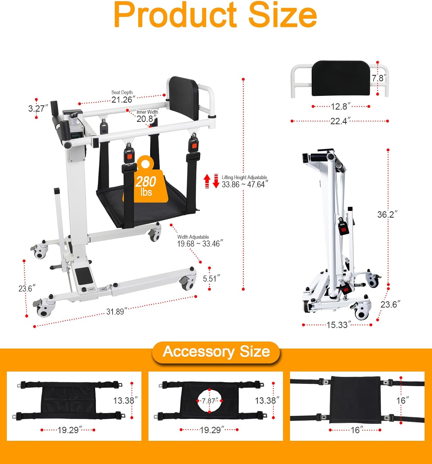 Patient Lift Transfer Chair - Electric Assist Lift Aid for Home Care Use - Portable Folding for Car