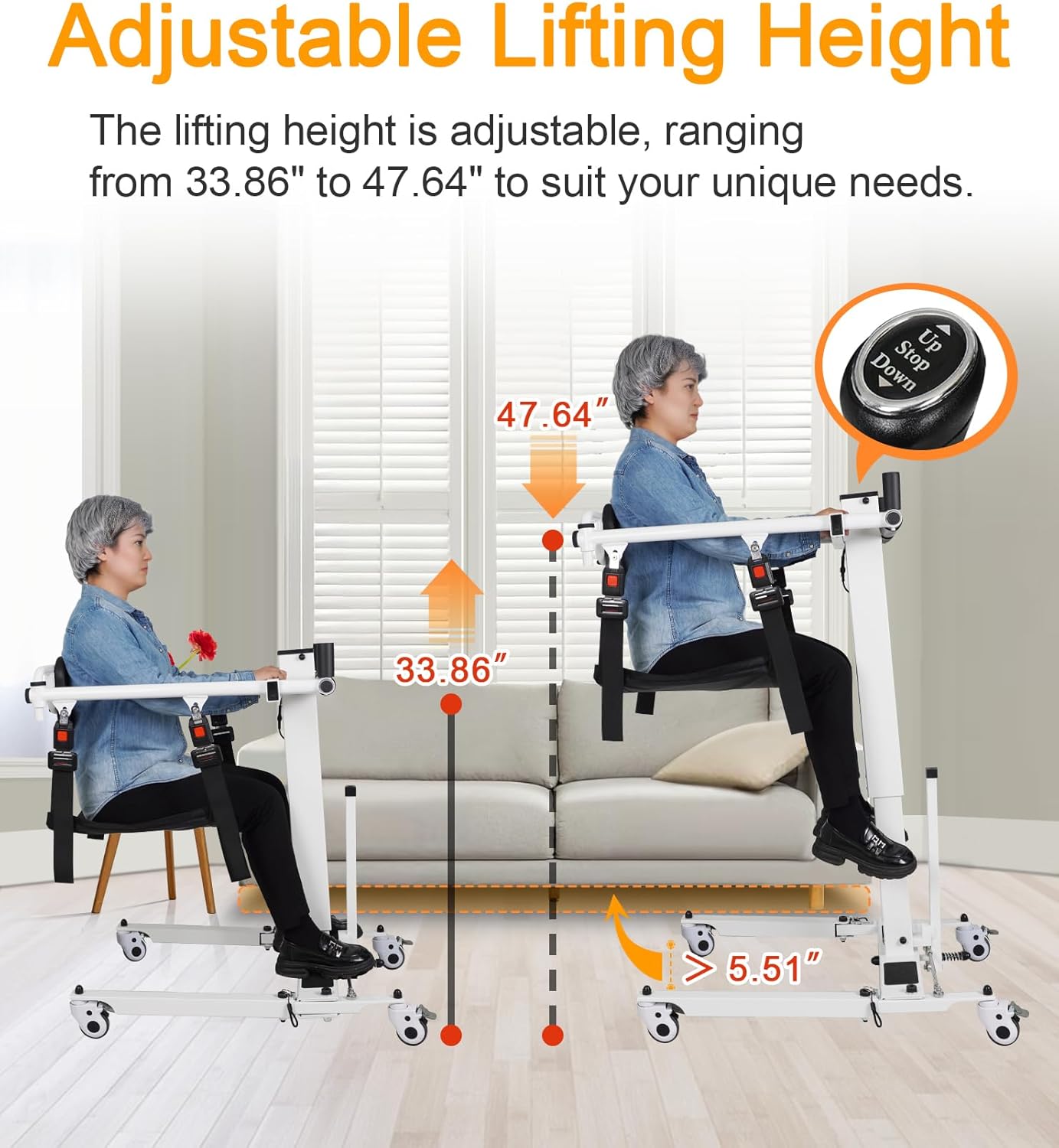 Patient Lift Transfer Chair - Electric Assist Lift Aid for Home Care Use - Portable Folding for Car