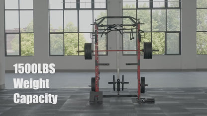 8-in-1 Power Rack Cage With 1500lb Capacity & Cable Crossover Machine - Multi-Function Squat Rack With J-Hooks, Dip Bars, And Landmine - Comprehensive Plate-Loaded Home Gym Equipment (Red)