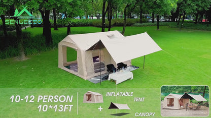 4-8 Person Deluxe Camping Inflatable Tent with Hand Pump 129 Square Feet Large Space Easy Setup Zip Closure Matching with A Canopy to Use, with A Wood Stove Chimney Opening, Tent for 4 Season, Outdoor Camping, Windproof, High Quality with Mosquito