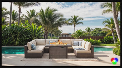 15pcs Patio Furniture Sectional Sofa with Fire Pit Table, Outdoor PE Rattan Patio Conversation Set with Glass Coffee Tables And Cushions for Garden, Poolside, Backyard