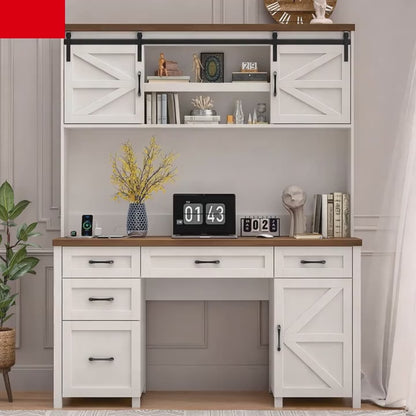 67''H Executive Desk with Storage Cabinet & 5 Drawers Wooden Office Table Computer Desk with Charging Station & Sliding Barn Doors Modern Workspace Office Desk for Home Office & Study, White