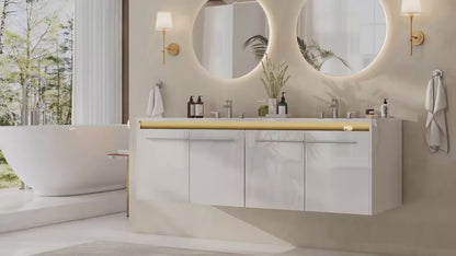 LED Floating Bathroom Double Vanity with Sink Combo, Modern High Gloss Wall Mounted Bathroom Storage Cabinet with 3 Hole Sink&& Metal Handles& Soft Closing Doors