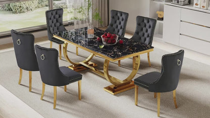7 Piece Marble Dining Table Set, 70" Faux Marble Dining Table and Velvet Chairs for 6, 7 Piece Luxury Dining Room Table Set and 6 Upholstered Chairs with Stainless Steel Legs