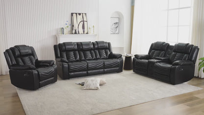 Manual Recliner Sofa Set with Wireless Charger for Living Room, Faux Leather 3 Seater Reclining Sofa and Loveseat Seating Couch with Bass Speakers, LED Lights.