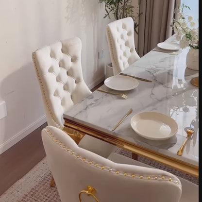 70"Modern Rectangle Faux Marble Dining Table Set for 5-7 Piece Luxury Rectangle Faux Marble Table with 4/6 Velvet Tufted Chairs - Elegant Kitchen and Dining Room Furniture, Silver/Gold Finish， Luxury Dining Table Set